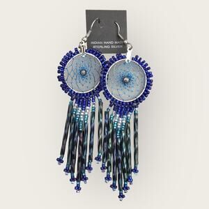 Indian Hand Made NWT Blue Sterling Silver Earrings Dreamcatcher Beaded